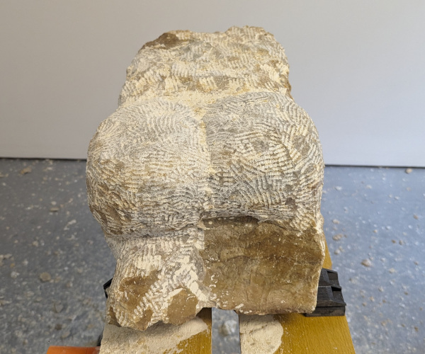 an abstract sculpture made from alabaster. it resembles a heart and a butt